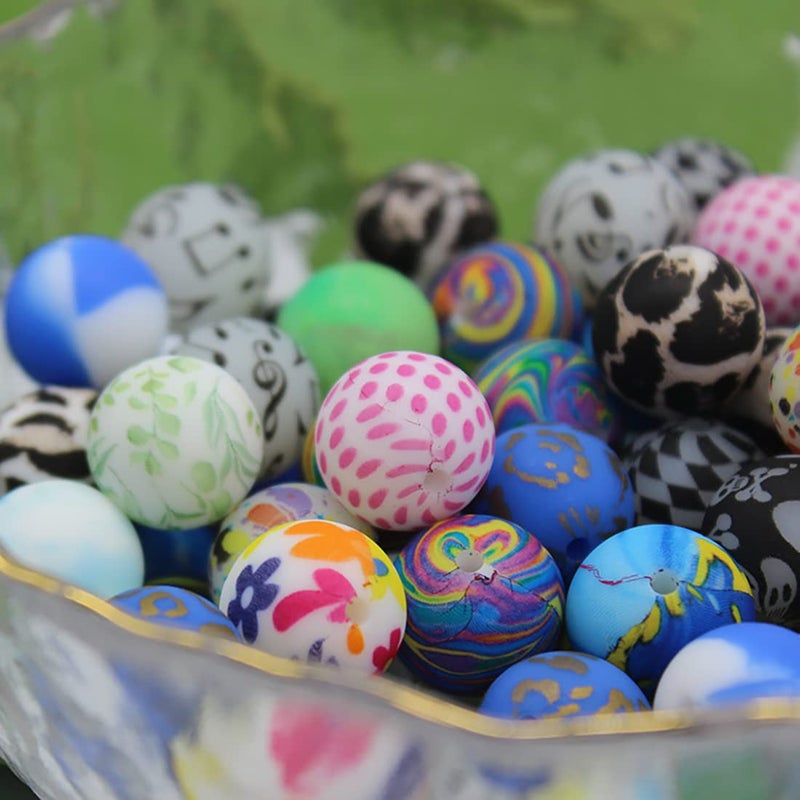 Decoendiy 30Pcs Silicone Printed Beads 15mm  Leopard Flower Leaves Plaid Print Beads  Loose Silicone Spacer Beads  Colorful Round Rubber Beads  for Adults DIY Crafts Supplies (Music) - Image 3